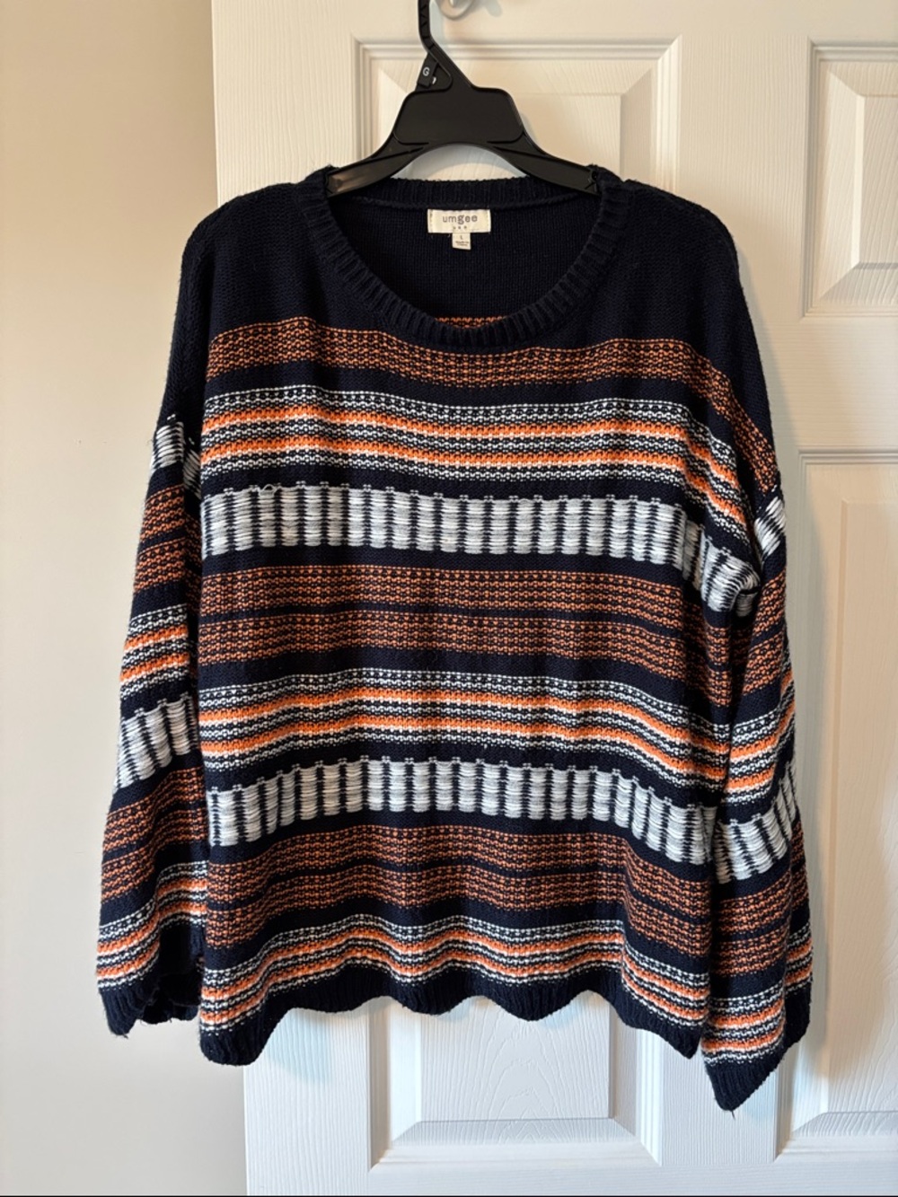 Umgee Navy Crewneck Sweater with Orange & White Stripes